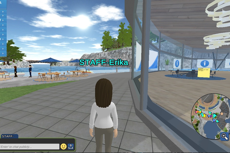 Female event staff avatar walking outside of the Virtual Venue | Global agency, BCD Meetings & Events