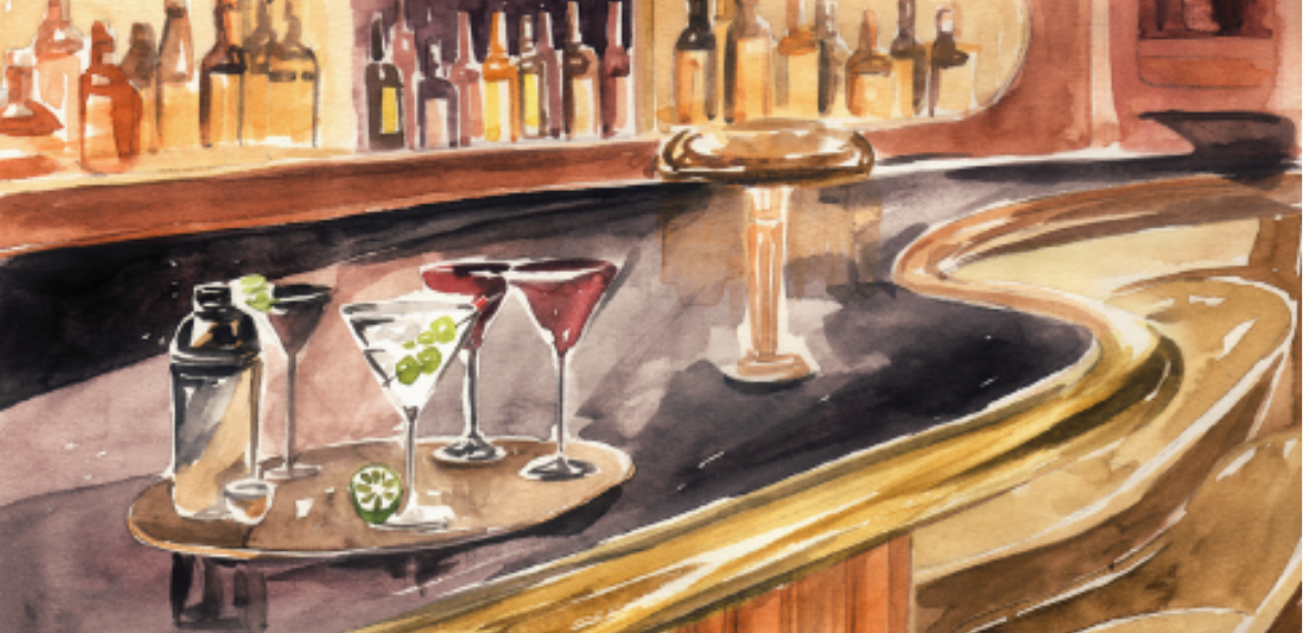 hand illustrated picture of a bar with martini glasses