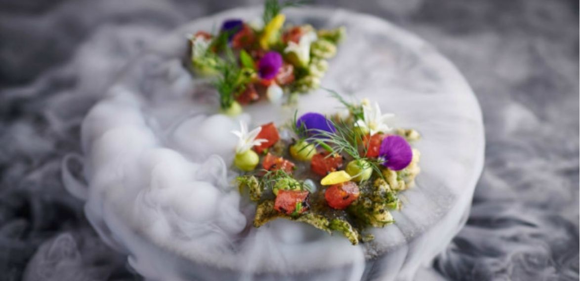 Tasting snacks with flowers and dry ice